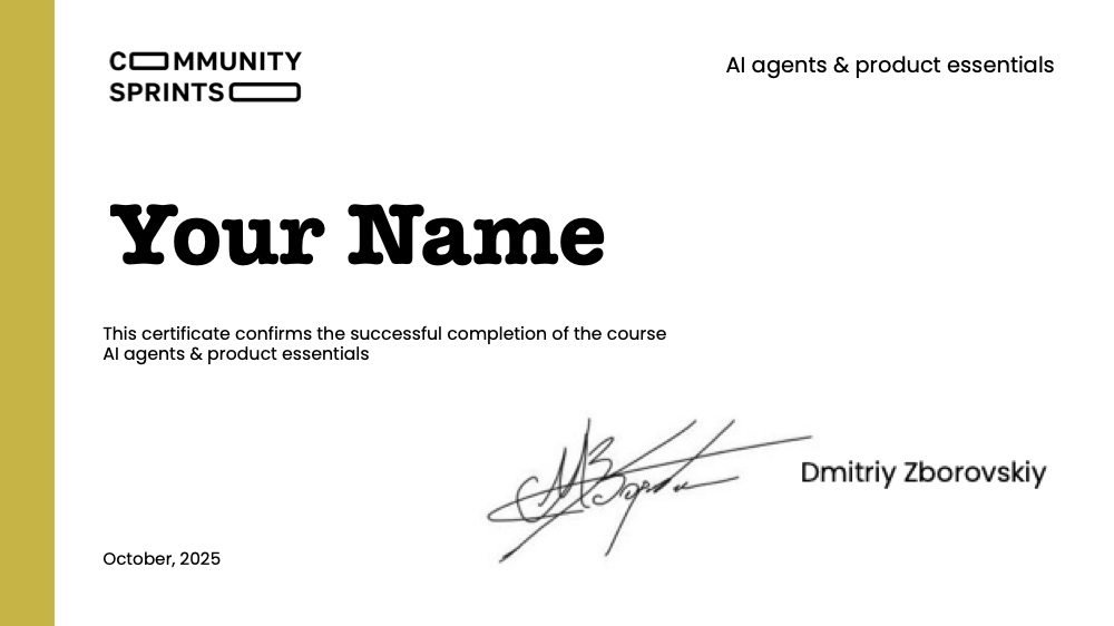 Certificate of Completion - AI agents & product essentials course by Community Sprints